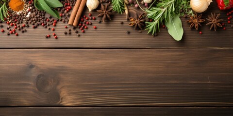 Wall Mural - View from above of herbs and spices on wooden background, with space for text.