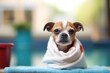 terrier wrapped in towel by pool
