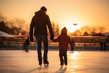 Sticker - A man and a child enjoying skating on an ice rink. Perfect for winter activities or family fun