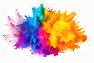 Canvas Print - A vibrant explosion of colorful powder on a clean white background. Can be used to represent celebration, joy, and energy. Perfect for festive occasions or creative projects