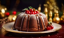 Christmas Chocolate Bundt Cake On A Golden Cake Plate 