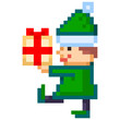 Pixel illustration of an elf bringing the gift box