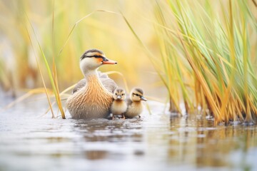 mother duck leading ducklings through reeds