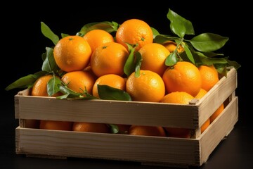 Wall Mural - A wooden crate filled with oranges and adorned with green leaves. Perfect for food and agriculture-related projects
