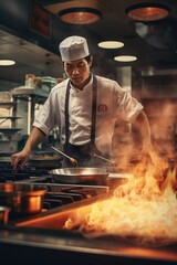 Wall Mural - A chef is shown cooking in a kitchen with flames. This image can be used to depict the intensity and passion of cooking