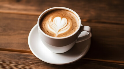 Poster - Coffee in white cup on wooden table, with spoon.