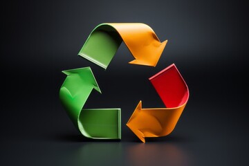 Wall Mural - 3d recycle symbol made of metal painted green, red and yellow isolated on the black background. ecol