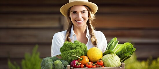 Canvas Print - Happy female farmer holding freshly harvested vegetables.