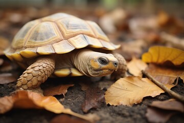 tortoise on soil with a freshly plucked leaf