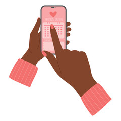 African american black female hand holds phone with a menstruation calendar tracker. Women's health care app