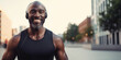 Black mature man, athlete and running in city with headphones for fitness, workout or marathon training music