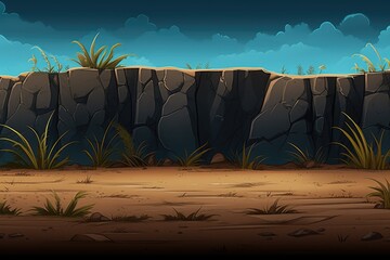 Poster - A cartoon illustration of a desert landscape with rocky formations and patches of green grass.