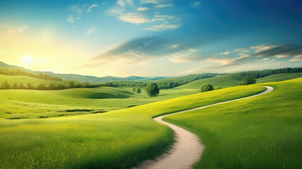 Wall Mural - landscape with green grass and mountains background