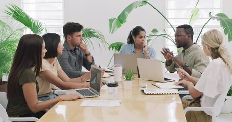 Poster - Business people, laptop and meeting in collaboration, planning or teamwork at office. Businessman talking to group of employees with computer, idea or plan for creative startup by table at workplace