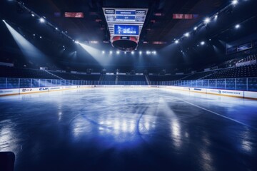 Wall Mural - An empty hockey rink with lights shining on the ice. Perfect for sports-related projects or articles