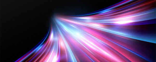 Poster - Neon red and blue speed lines. Speed ​​of acceleration and movement. Light trails, motion blur effect. Night illumination in blue and red.