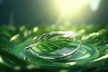 Poster - A delicate green leaf rests atop a serene body of water. This image captures the beauty of nature and tranquility. Perfect for a variety of projects and themes