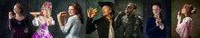 Collage Made Of People Dressed Like Different Medieval Royal Persons, Knight And Pirate, Eating Burgers, Hot Dogs And Healthy Food Over Dark Green Background