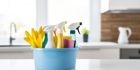 Bucket with cleaning items on wooden table and blurry modern kitchen background. Washing set colorful with copy space banner.
