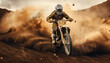 A man rides a fast motorcycle in the desert