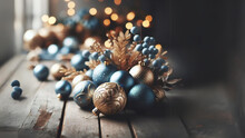 A Bunch Of Blue And Gold Ornaments On A Table, A Stock Photo , Trending On Shutterstock, Minimalism, Stock Photo, Stockphoto, Bokeh