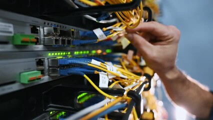 Close up view of hand that fixing internet. Young man is working with equipment and wires in server room
