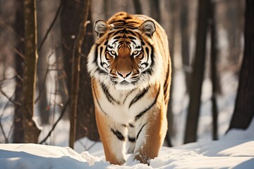 Wall Mural - Big Amur tiger stands in winter forest with bare trees with snow on background