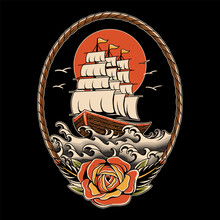 Traditional Sailing Ship Tattoo With Roses