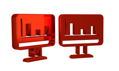 Sticker - Red Computer monitor with graph chart icon isolated on transparent background. Report text file. Accounting sign. Audit, analysis, planning.