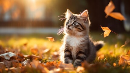 A Cute kitten playing with yellow autumn leaves at sunset. the backyard The background of the photo is a relaxing environment in the backyard.