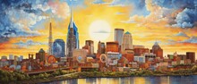 Nashville Skyline Illuminated At Dusk With Vibrant City Lights And Iconic Landmarks In Tennessee, Usa