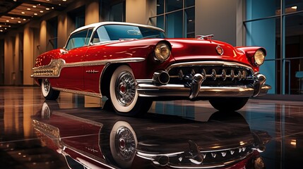 Photorealistic of a classic red car set against a vintage bacground.