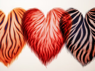 A set of fluffy hearts with animalistic prints on white background.