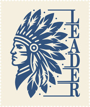 Vector Illustration Showcasing A Native American Chief's Bust With Head Feathers Designed As A Logo Or Symbol For High-quality Printing Or Stencil Creation