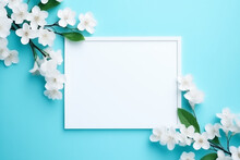 White Flowers Around A Plain Blank White Frame Plain Blue Background For Greeting, Announcement Card