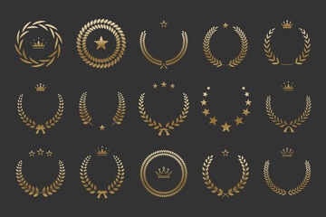 Wall Mural - gold laurel wreath winner award set vector illustration. silvery branch of olive leaves or stars of 