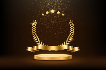 Wall Mural - gold award round podium with laurel wreath, ribbon, star, shiny glitter and sparkles isolated on dar