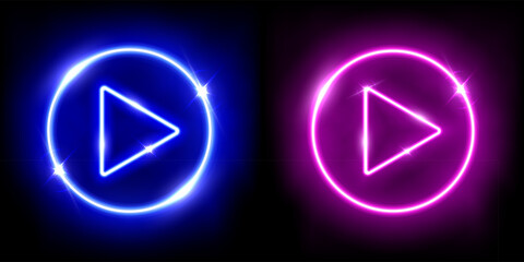 Collection of red and blue neon play buttons 3d vector illustration. Abstract shiny circle rings on black background with glowing triangle. Play icons, Press to start. Multimedia, audio, video, music
