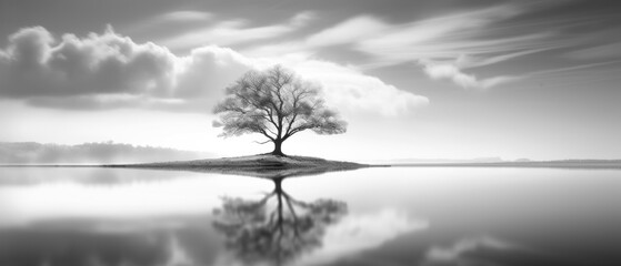 Wall Mural - Black and White Minimalist Landscape Photography, Long Exposure Anamorphic Wallpaper Poster Banner Background Digital Art