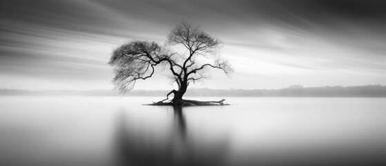 Wall Mural - Black and White Minimalist Landscape Photography, Long Exposure Anamorphic Wallpaper Poster Banner Background Digital Art