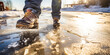 Danger of slipping. Boots on rough slipper ice surface.   Dangerous fishing
