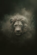 Fantasy white mane lion - lion deity - lion god - dark background - misty, foggy, smokey - Mysterious portrait of a lion - Cinematic movie poster style
