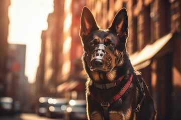 Wall Mural - A dog dressed in a muzzle walks down the street of the city with its owner,