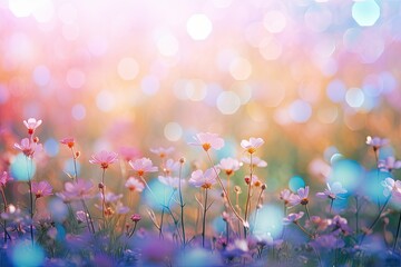 Poster - Background of multicolored wildflowers with soft blurred light.