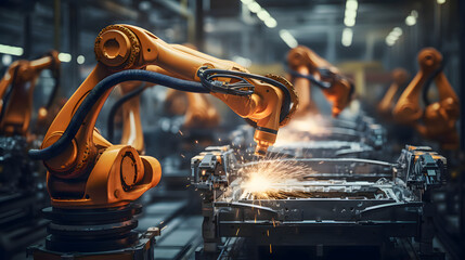 Wall Mural - Orange Industrial Robot Arm at Production Line at Modern Bright Factory