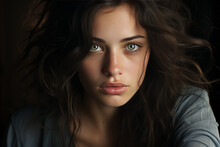 Portrait Of A Beautiful Young Brunette Woman With Green Eyes