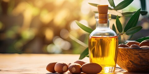 A bottle of fresh organic argan oil, representing healthy Mediterranean ingredients with their natural and nutritional properties.
