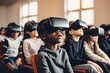 Students in the classroom use virtual reality technology for an educational and immersive learning experience under the guidance of their teacher.