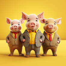 Illustration Of Three Little Pigs On A Yellow Background.