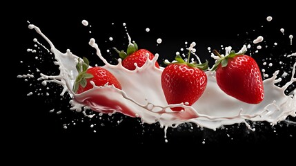 Wall Mural - Strawberries in milk splash isolated on black background with clipping path